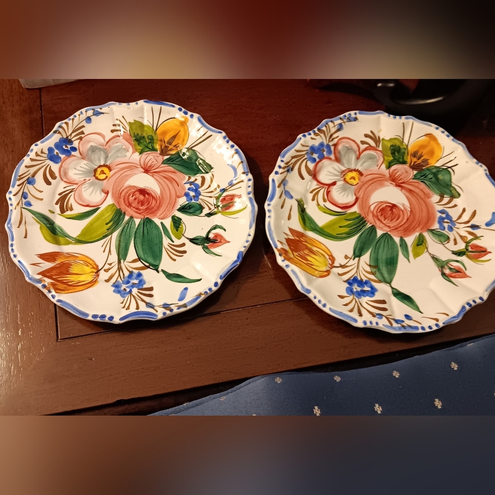 Pair 2 hand painted floral pattern plates scalloped edge